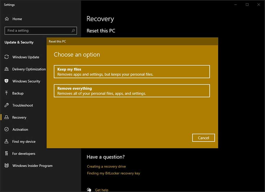 Restablecimiento de PC con Windows 10 para corregir el error MEmu Stuck